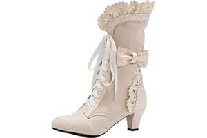 LanreyTaley Women Sweet Bow Boots Mid Heels Lace Up Victorian boots Mid Calf Kawaii Boot