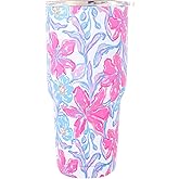 Lilly Pulitzer 30 Oz Insulated Tumbler with Lid, Large Stainless Steel Travel Cup, Double Wall Metal Tumbler (Beachside Haven)