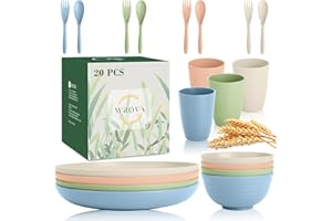 Wrova Wheat Straw Kids Plates and Bowls Sets,Unbreakable Kids Dinnerware sets with Flatwares,Lightweight Reusable Camping Plates and Bowls Sets.Nordic Series