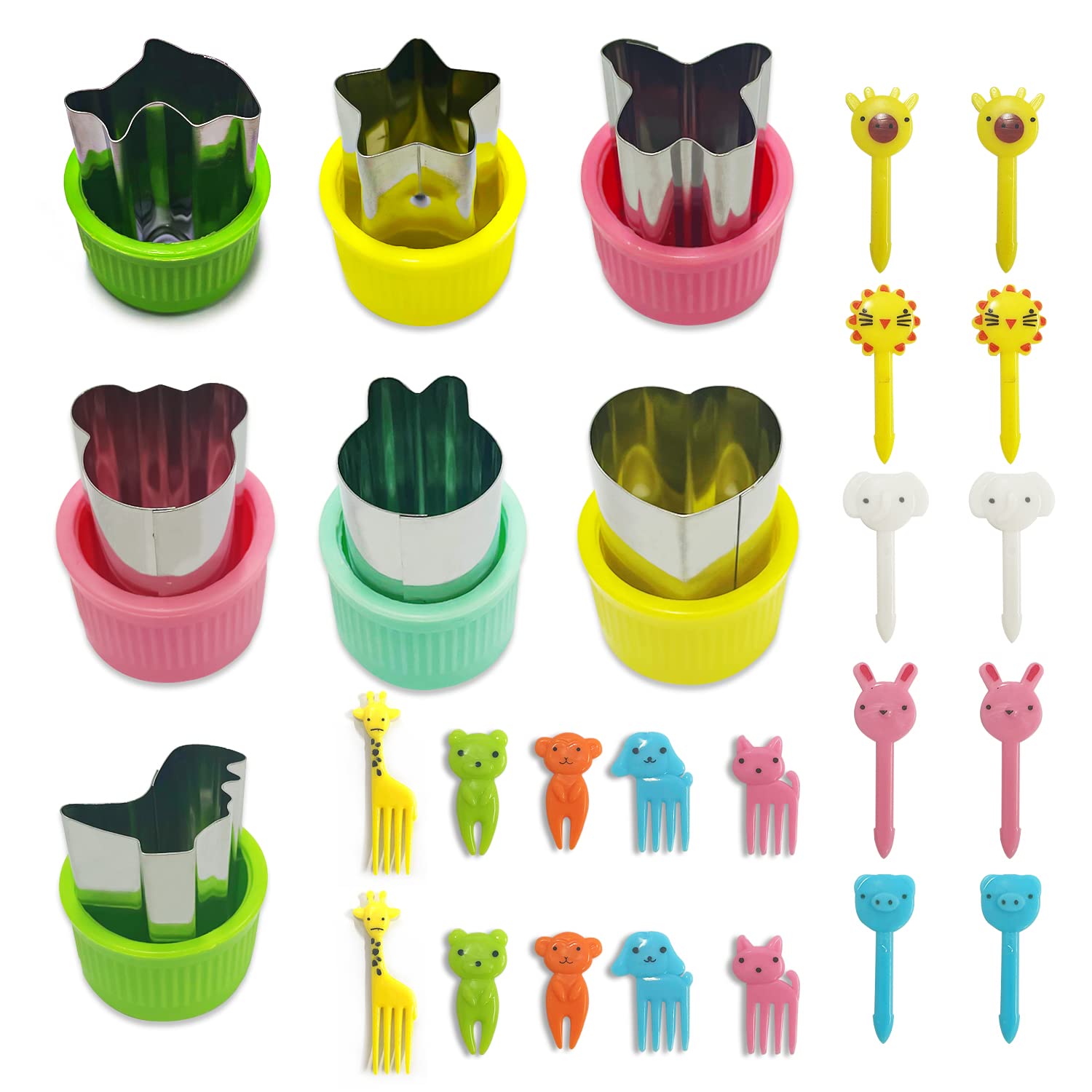 27 Pieces Stainless Steel Vegetable and Fruit Biscuit Moulds for Kids (Dolphin, Dinosaur, Rabbit, Bear, Love, Star, Butterfly) with Animal Fruit Fork, Comfortable Handle, Removable Biscuit Mold