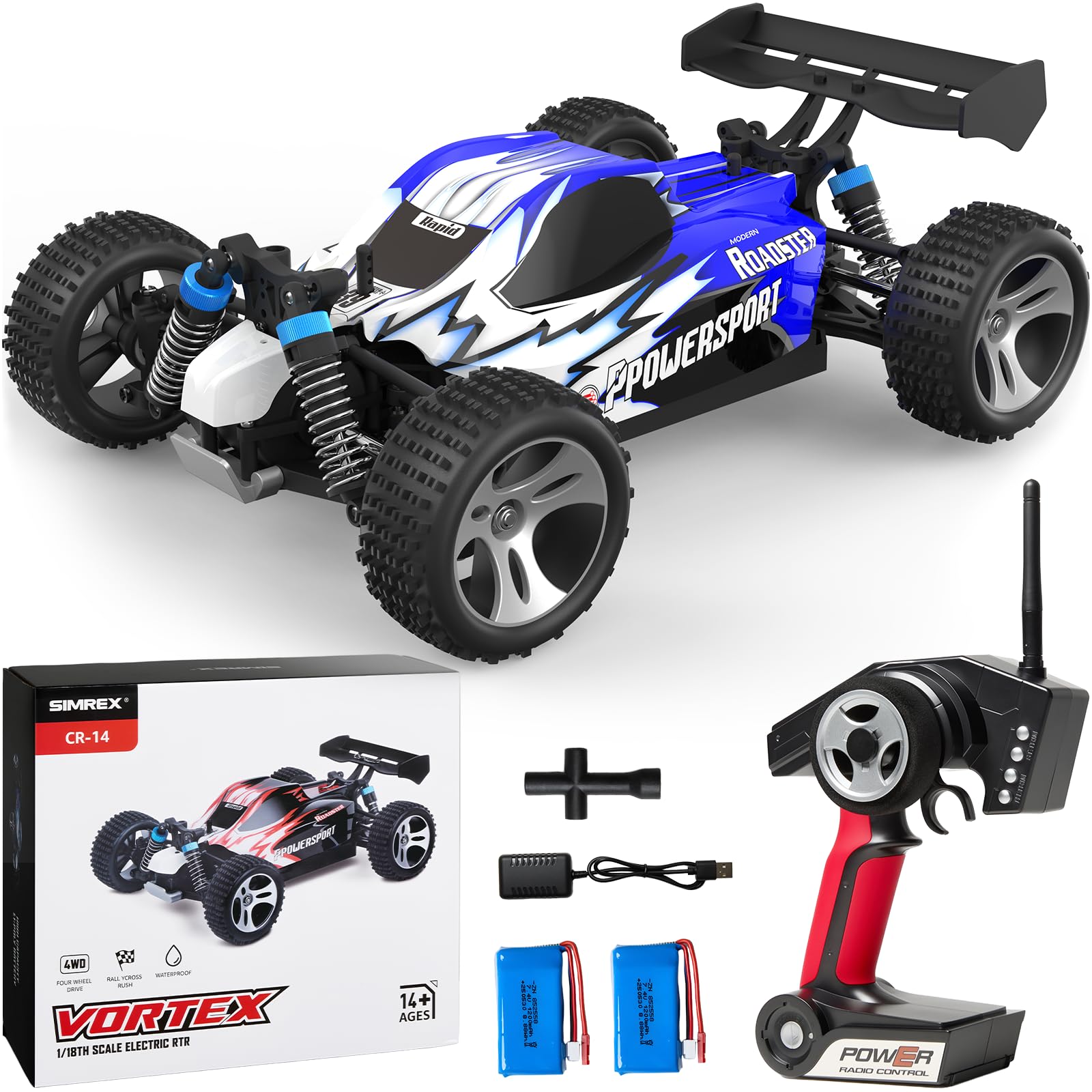 SIMREX 1:18 Scale All-Terrain Remote Control Car, 45 km/h, 4WD with 2.4 GHz Remote Control, RC Car with 2 Rechargeable Batteries, Gift for Children and Adults, Blue