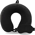 Sexysamba Pure Memory Foam Travel Pillow Set for Adults - Comfortable & Removable Machine Washable Cover, Neck Support Pillow Airplane Travel Kit with Eye Mask for Portable Plane Accessories - Black