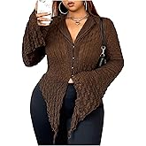 BEAUDRM Women's Plus Size Bell Sleeve Shirts Button Front Collar V Neck Sexy Blouse Going Out Fall Tops