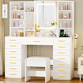 YUNSCEND White Vanity Desk with Mirror and Lights,15 Drawers, Glass Top | Large Makeup Vanity Desk with Power Outlet,Hair Dryer Rack,9 Open Shelves, 8 Hooks,Vanity Table with Stool for Girls Bedroom