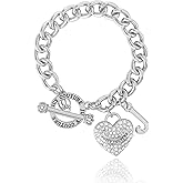 Juicy Couture Bracelet 7-7.5", Goldtone Heart Charm and Toggle Bracelets for Women, Valentines Day Gifts for Her