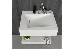 Gesipor 24”x19" Wall-Mount Stone Resin Bathroom Sink Rectangular Vessel Sinks for Bathroom Floating Vanity Sink Trough Modern Art Basin with Shelf Layer