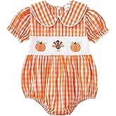 Yvowming Halloween Baby Girl Outfits Pumpkin Bubble Romper Newborn Thanksgiving Smocked Clothes Infant Checkered Bodysuit