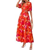 PRETTYGARDEN Women's Summer Maxi Dress 2026 Resort Wear Boho Floral V Neck Puff Short Sleeve Ruffle Flowy Beach Long Dresses