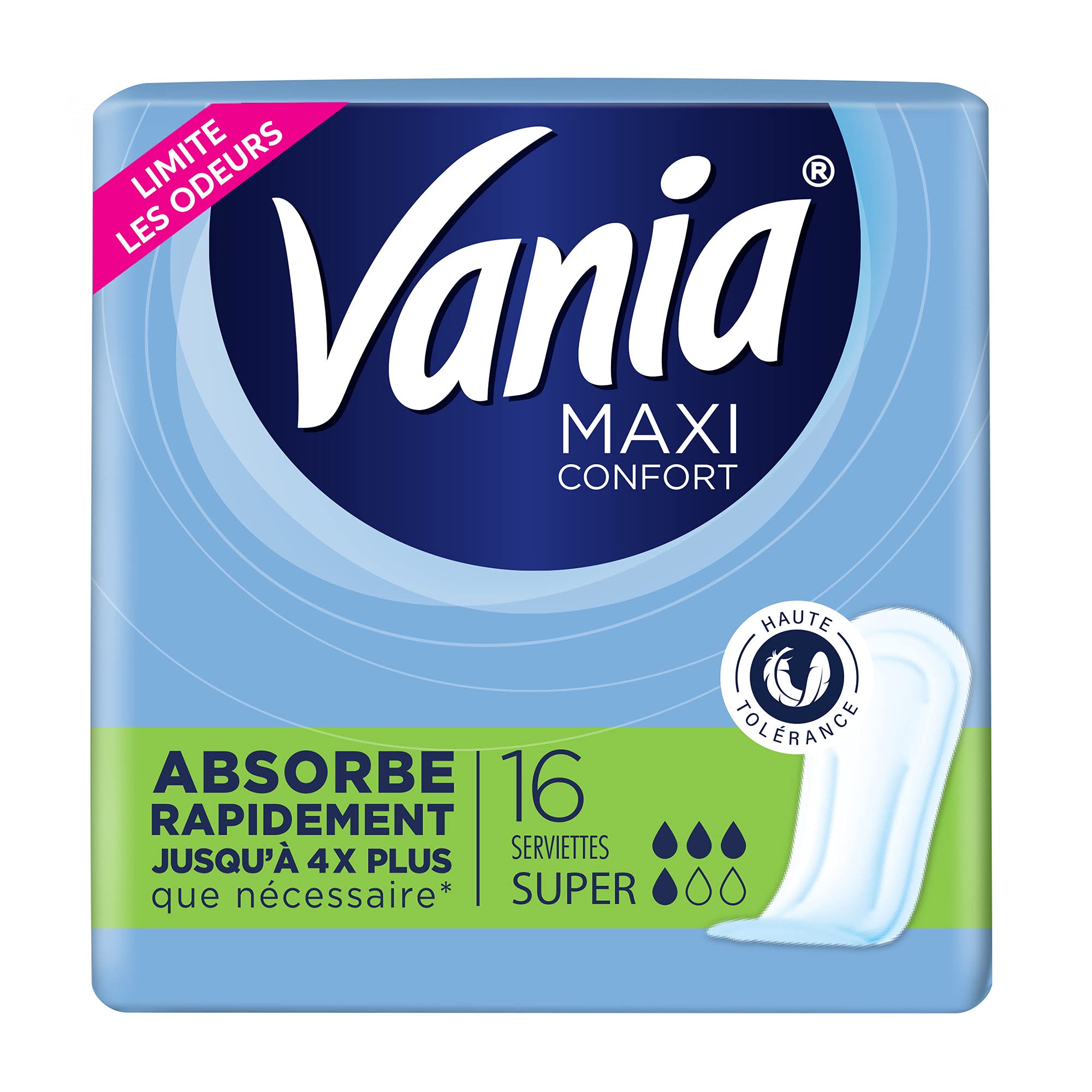 Vania Maxi Super Sanitary Towels (Pack of 16 Pieces) – High Tolerance Fast Absorption Pads – Periodic Protection with Anatomical Shape and 4 Protective barriers