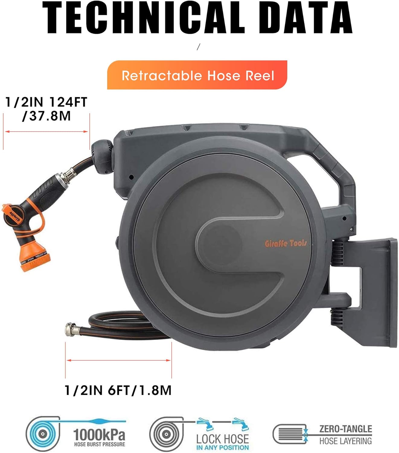 Giraffe Retractable Garden Hose Reel 1/2" x 130 ft, Super Heavy Duty, Any Length Lock, Slow Return System, Wall Mounted and 180° Swivel Bracket : Garden & Outdoor