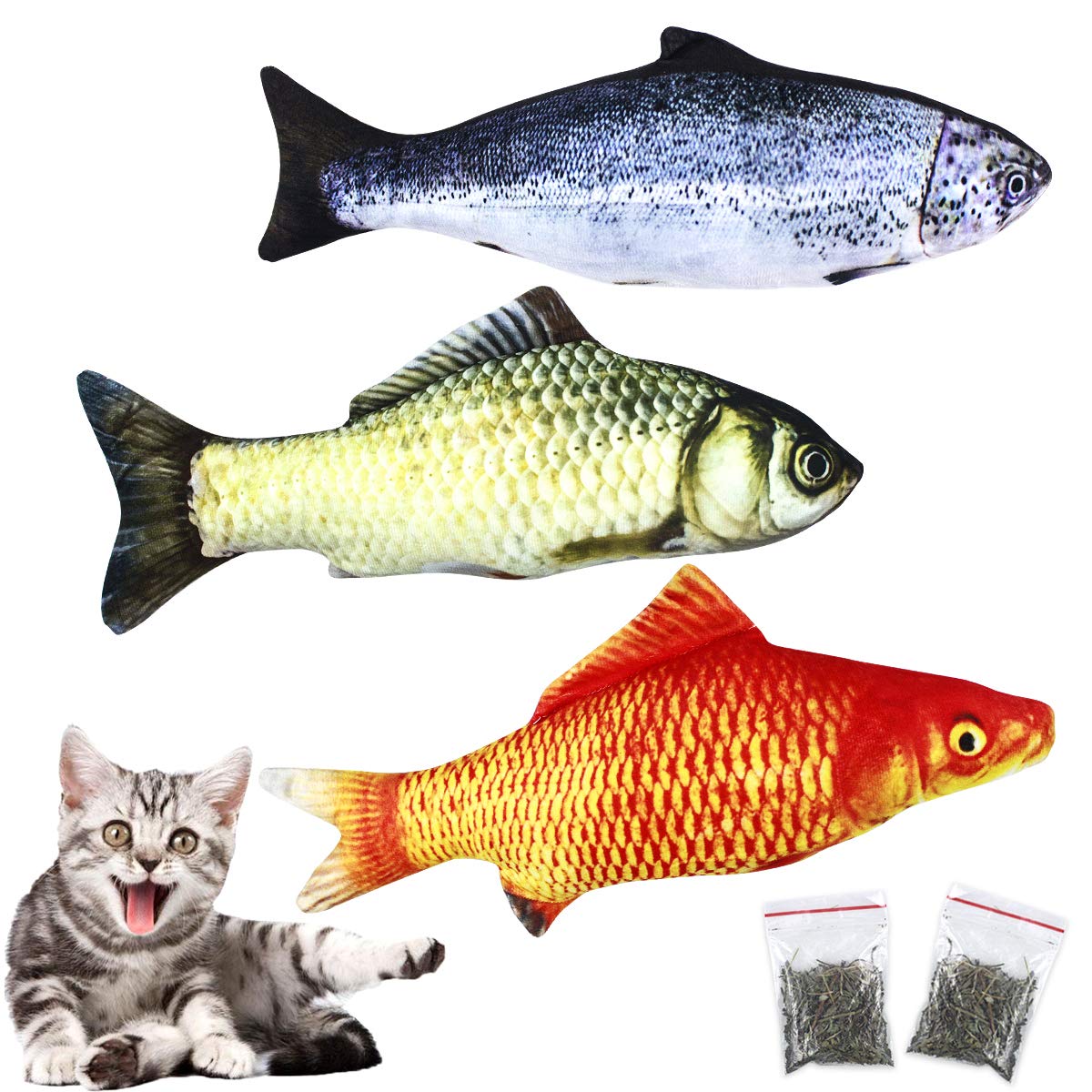 NATUCE 3PCS 30 cm Catnip Fish Toys for Cat and 2 Packs Catnip, Cat Toys with Zipper, Cat Fish Pillow, Cat Catnip Toys, Cat Chew Toys, Pet Toy, Cat Pillow, Teeth Cleaning, Interactive Plush Cat Toys
