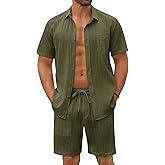 COOFANDY Mens Beach Outfits 2 Piece Sets Casual Short Sleeve Button Down Summer Textured Shirt