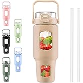 BLUEGO 40 oz Glass Water Bottles with Straw Time Marker, Glass Tumbler with Handle Top Lids, Easy to Clean, Fits in Car Cup Holder, Leakproof Jug for Gym, Sports, Workout & Daily, Amber