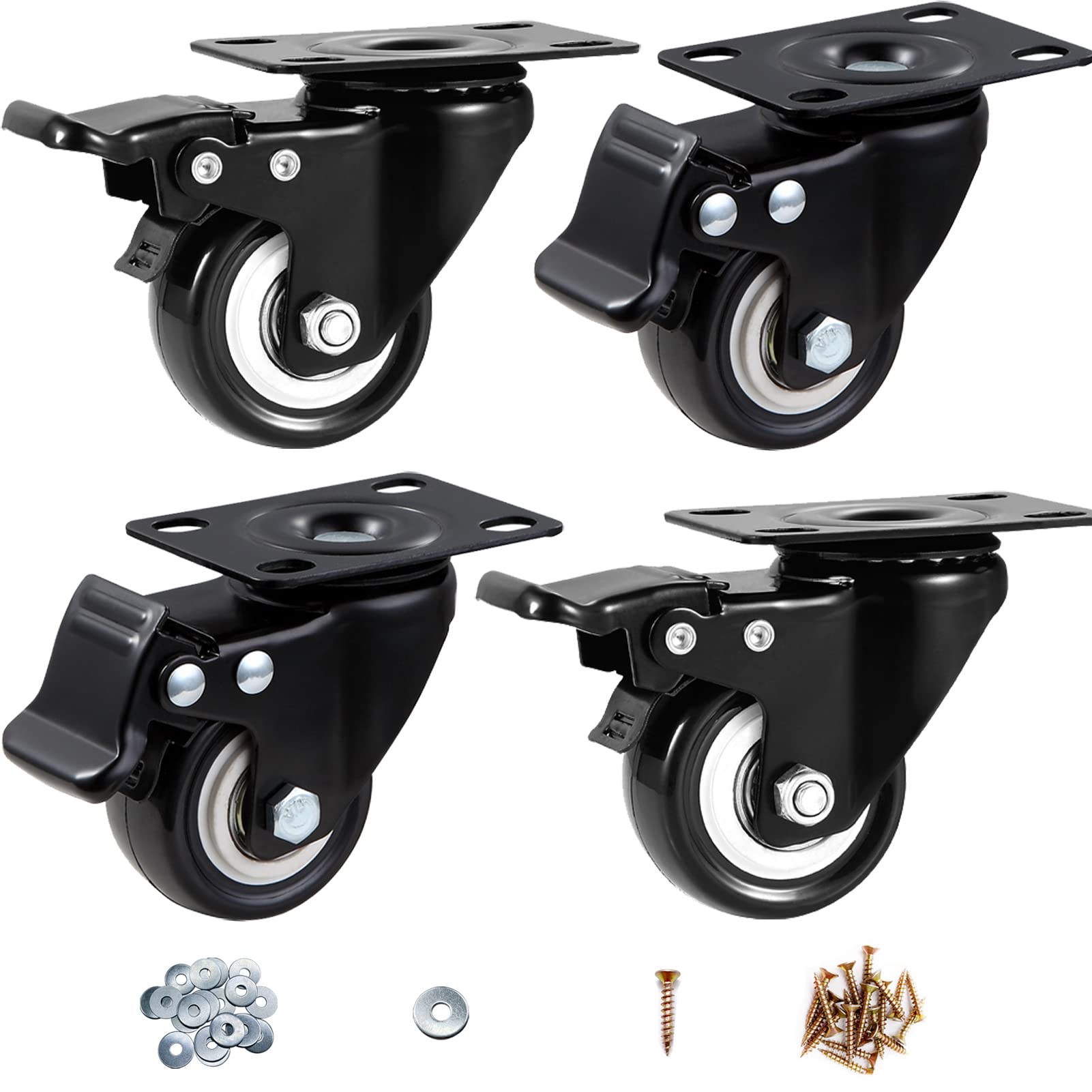 ASRINIEY Castor Wheels, 50mm Swivel Castors with Brake - Set of 4, Heavy Duty Non-Marking Black Polyurethane Trolley Wheels