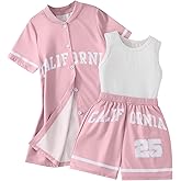 Hilinker Girls 3 Piece Outfits Graphic Tank and Short Sleeve Cardigan with Shorts Set