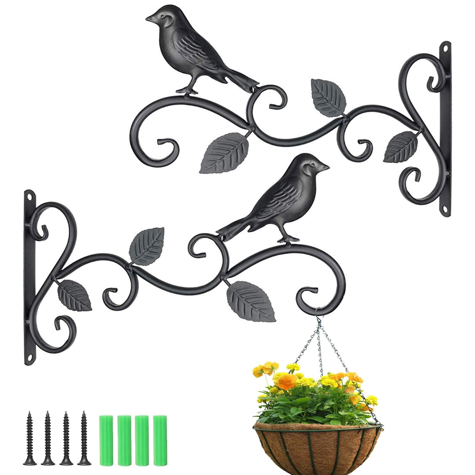 2 Pieces Wall Hanging Brackets Hooks, Black Flower Basket Bracket, Outdoor Plant Hooks, Wall Garden Brackets, for Bird Feeders, Planters, Lanterns, Wind Chimes Home (with 4 Screw, 4 Expansion Tube)