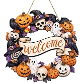 Halloween Decorations Halloween Wreath Door Decor Ghost Welcome Wooden Sign | Halloween Door Hanging Decoration, Pumpkin Skull Bat Wood Wreaths Hanging Signs for Outdoor Home Party Porch Wall Decor