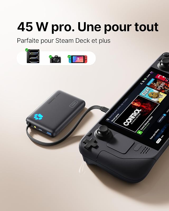 45W Batterie Externe, 10000mAh Power Bank avec USB C Câbles Intégrés