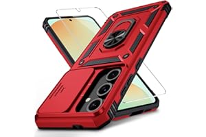 Weycolor for Samsung Galaxy S25 Case with Camera Lens Cover, HD Screen Protector, 10 FT Military Grade Drop Protection, Magnetic Ring Holder Kickstand Protective Phone Case, Red