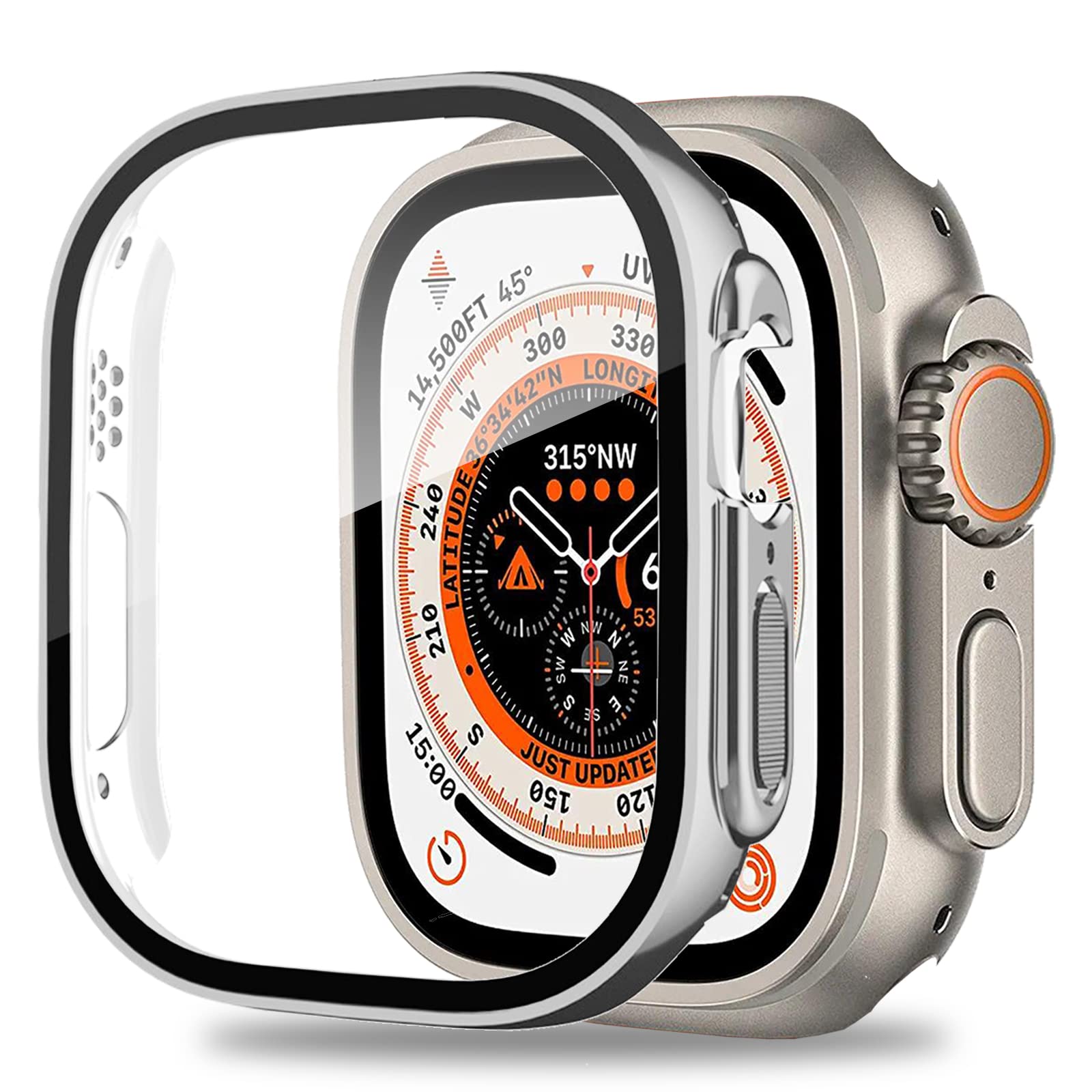 Miimall Compatible with Apple Watch Ultra 49mm Case Tempered Glass Screen Protector, Ultra-Thin Hard PC Shockproof All-Around Bumper Shell Protective Cover for iWatch Ultra 49mm(Silver)