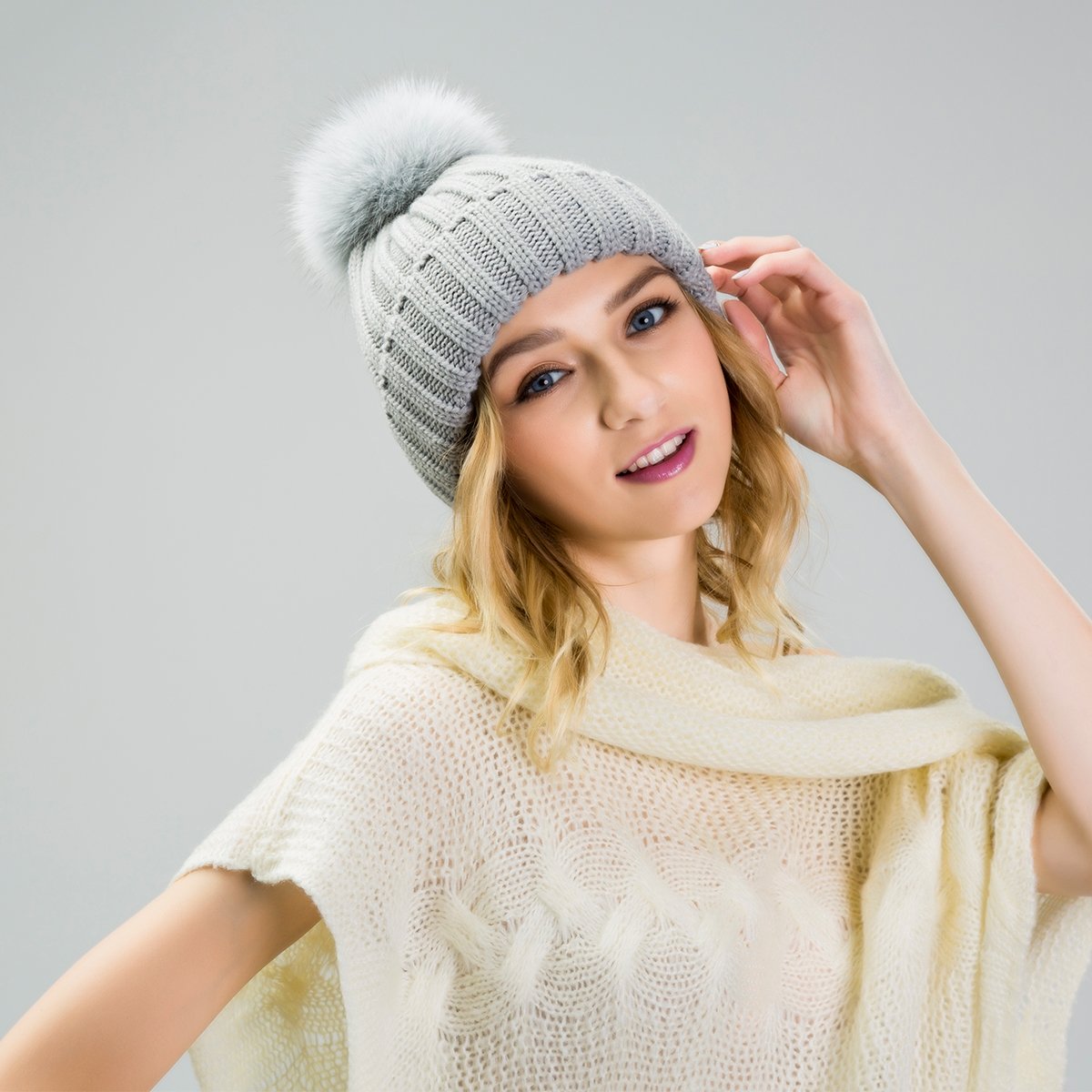 EVRFELAN Winter Hand Faux Fur Hat Pompoms Beanie Cable Knit Warm Family Crochet Ski Skull Cap for Girls (fox dark blue)