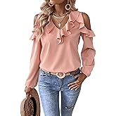 SweatyRocks Women's Long Sleeve V Neck Cold Shoulder Top Casual Ruffle Trim Collar Blouse Shirt