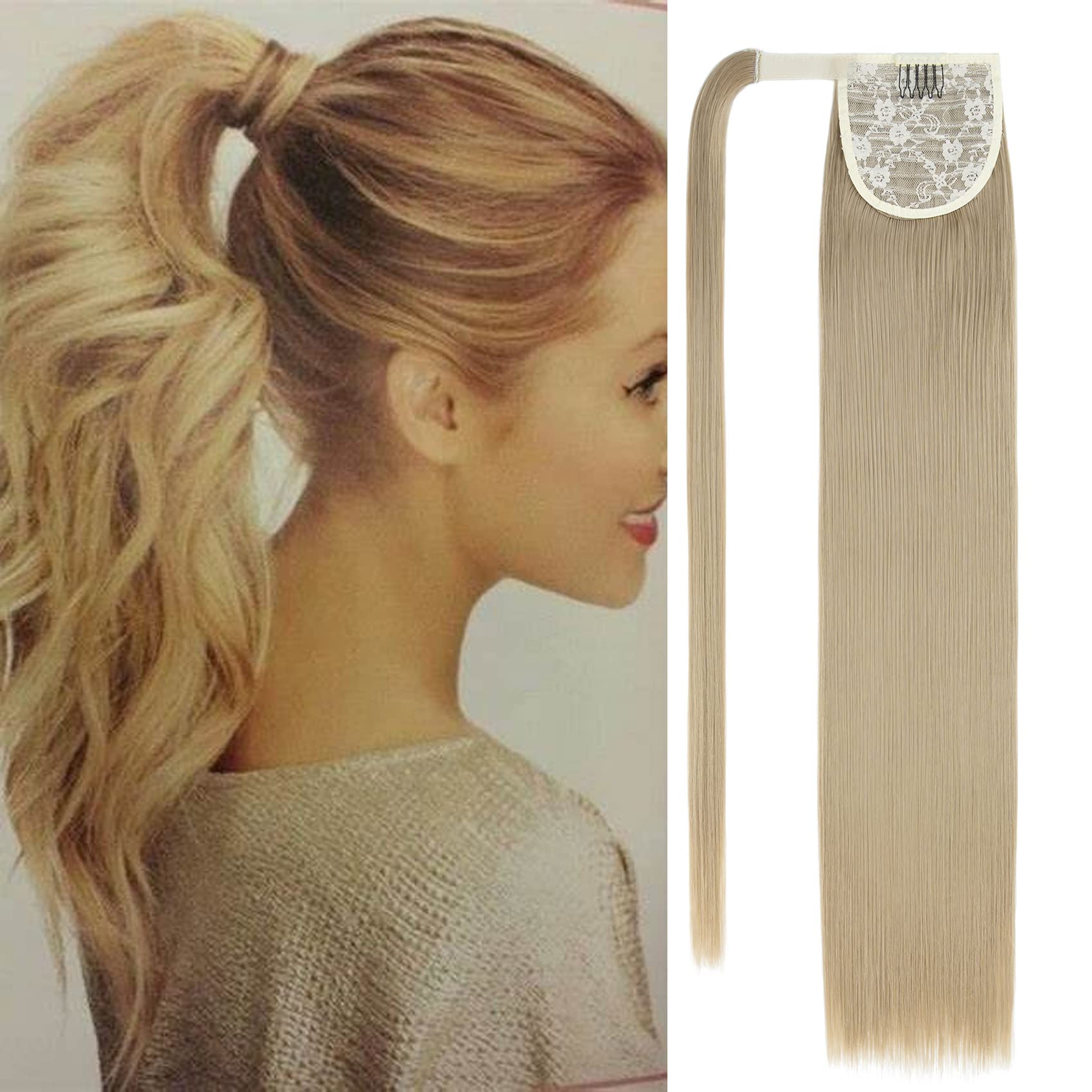 Silk-co Clip in Ponytail Wrap Around Hairpiece Straight Pony Tail Hair Clip on Extension 28 Long hair smooth Heat-Resisting Fiber Hairpiece for Women Ash Blond/Blond
