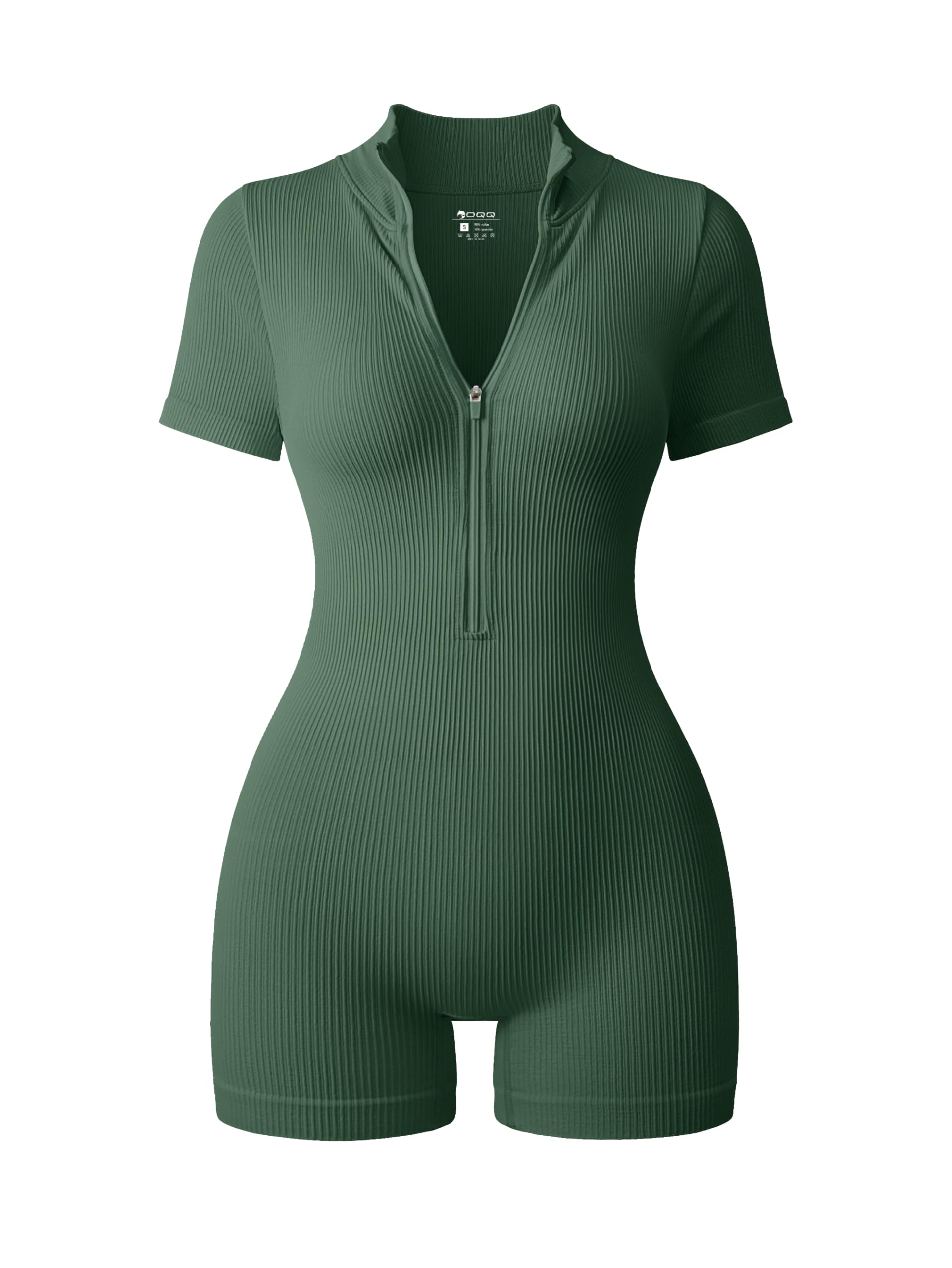 Photo 1 of OQQ Women Rompers Ribbed Short Sleeve Zip Front Stretch Tummy Control Yoga Workout Rompers Dark Green LG