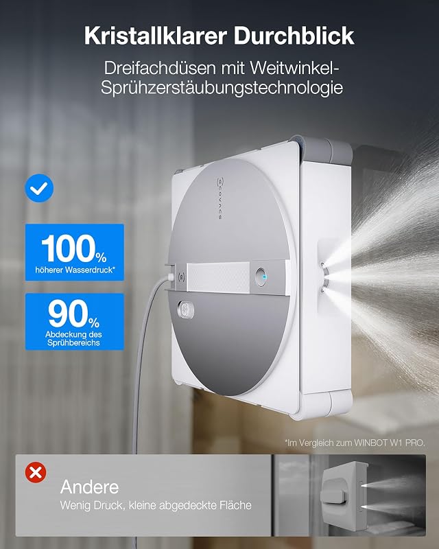 WINBOT W3 OMNI Fensterputzroboter mit Multifunktionsstation, Automatische Reinigung der Wischpads, Intelligente Reinigung entlang der Ränder, Sprühen mit drei Düsen, App-Steuerung