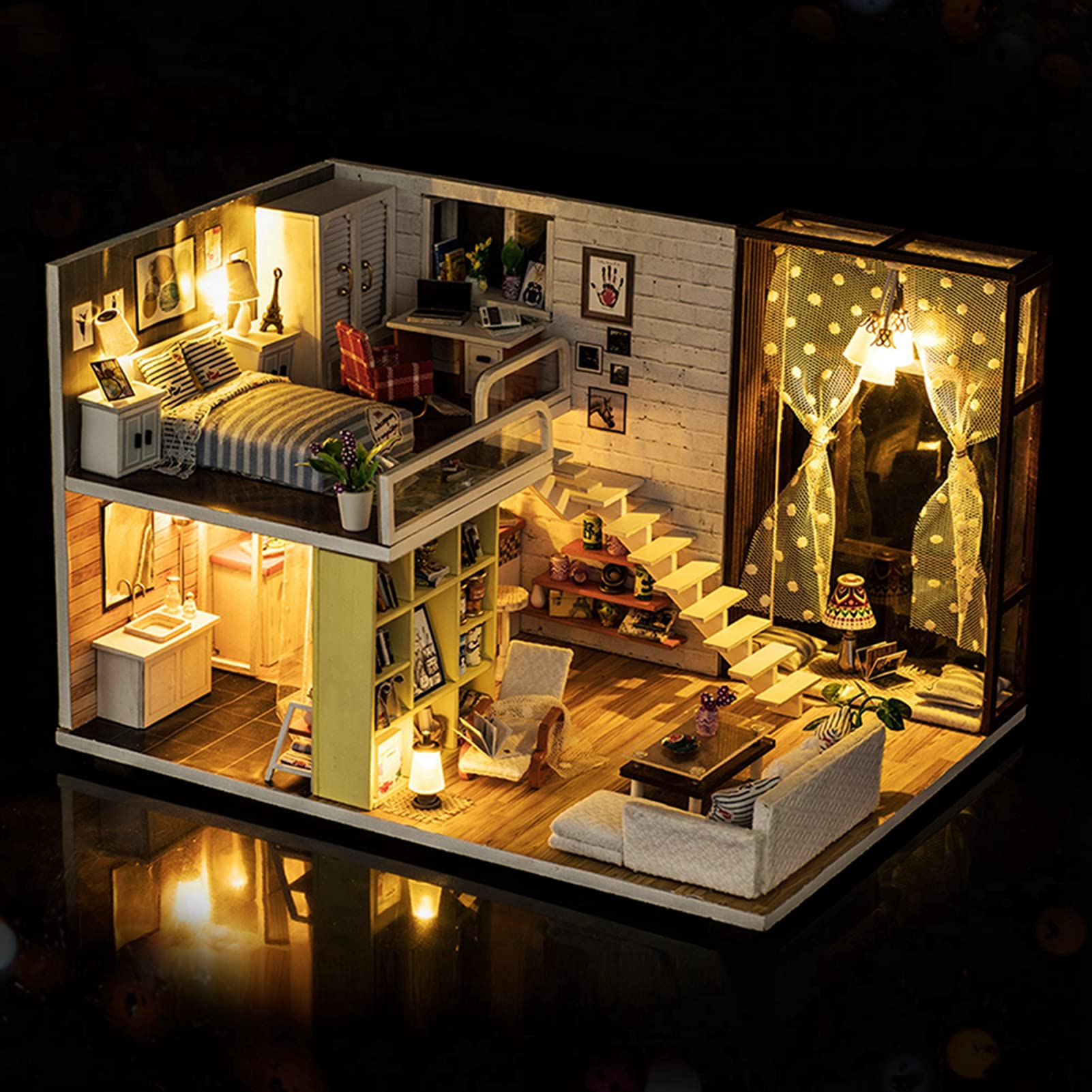 DIY Dollhouse Miniature Kit with Furniture and LED Light, Modern City Theme
