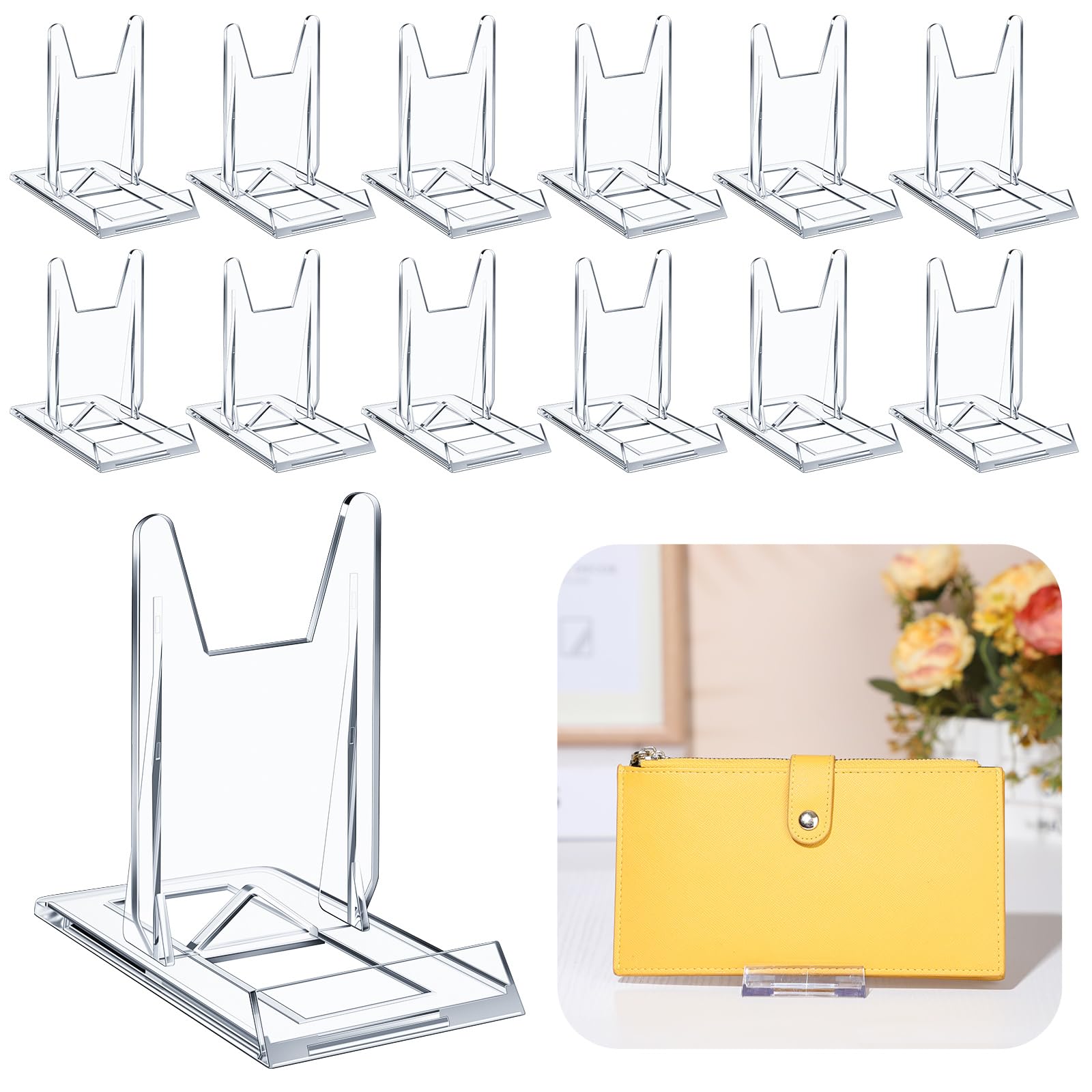 Photo 1 of Memorywuu 12 Packs Adjustable Purse Display Stand Clear Acrylic Handbag Stand Holder for Wallet Purses Handbag Bag Jewelry Display Organizer for Party Weddings Home Decoration Birthdays
