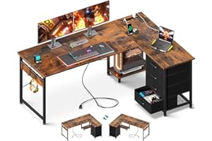 AODK L Shaped Desk with 4 Tier Drawers, 61" Reversible Gaming Desk with Power Outlets, L Shaped Computer Desk with USB Charging Port and Host Stand, Home Office Corner Desk, Easy to Assemble, Vintage