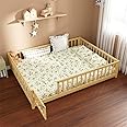 i-POOK Queen Floor Bed for Children, Sturdy Wood Montessori Bed Frame with Wood Slats, High Fence & Small Door, Montessori Floor Bed for Girls and Boys, Natural