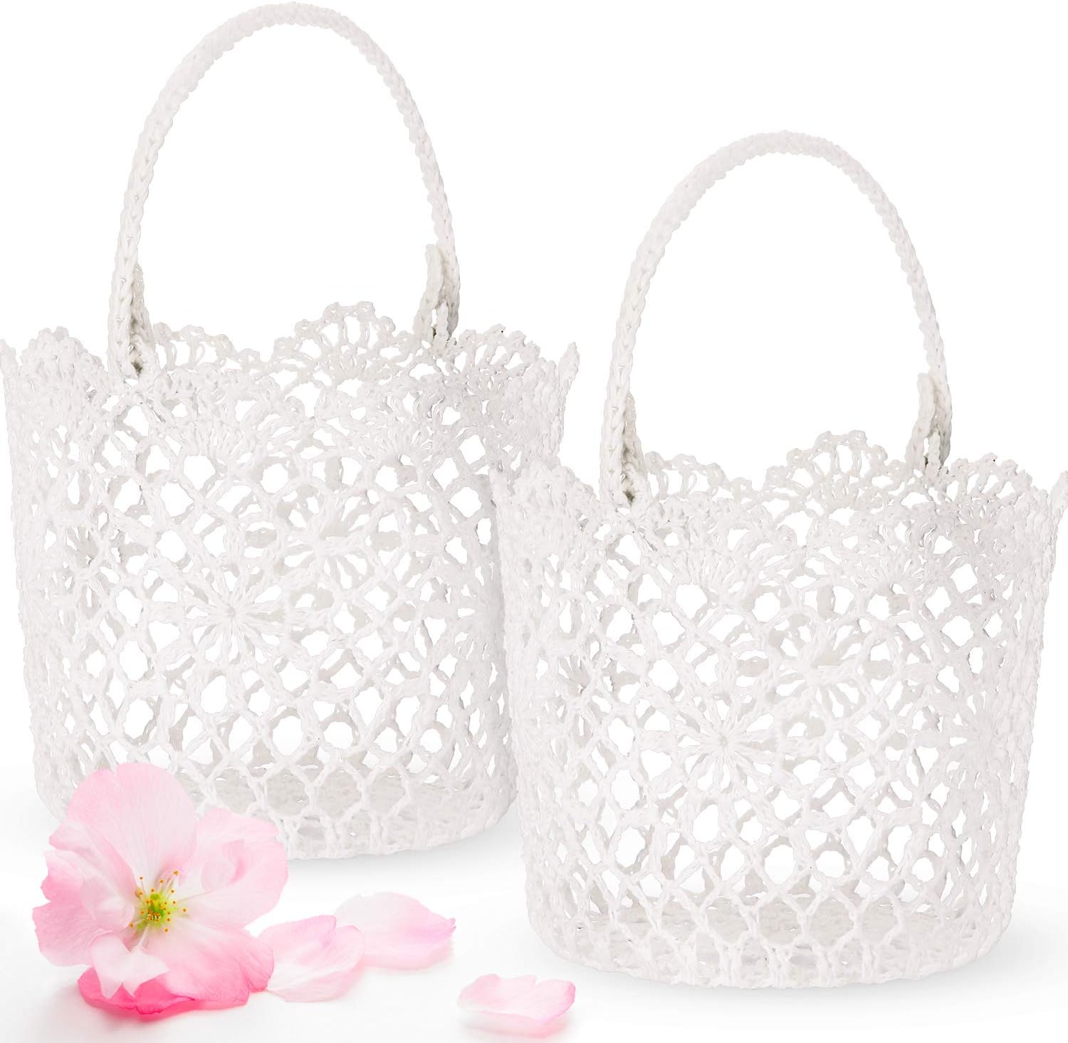 2 Pieces White Basket Handle Wedding Flower Girl Baskets, 5.90 x 4.72 x 4.33 Inch (Classic Style)
