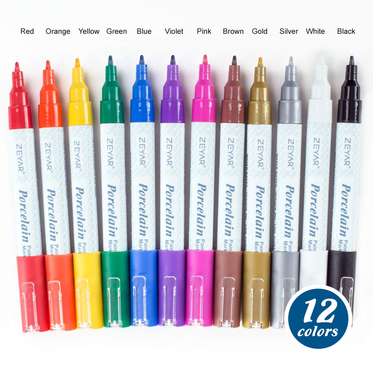 ZEYAR Acrylic Paint Pens for Porcelain, Professional Ceramic Drawing, 12 colors Water-based, Fine Point, Water and Fade Resistant, DIY on Mugs and other Ceramics for Permanent Collection