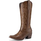 Athlefit Cowboy Cowgirl Boots for Women Fashion Low Chunky Heel Snip Toe Embroidery Western Mid Calf Boots