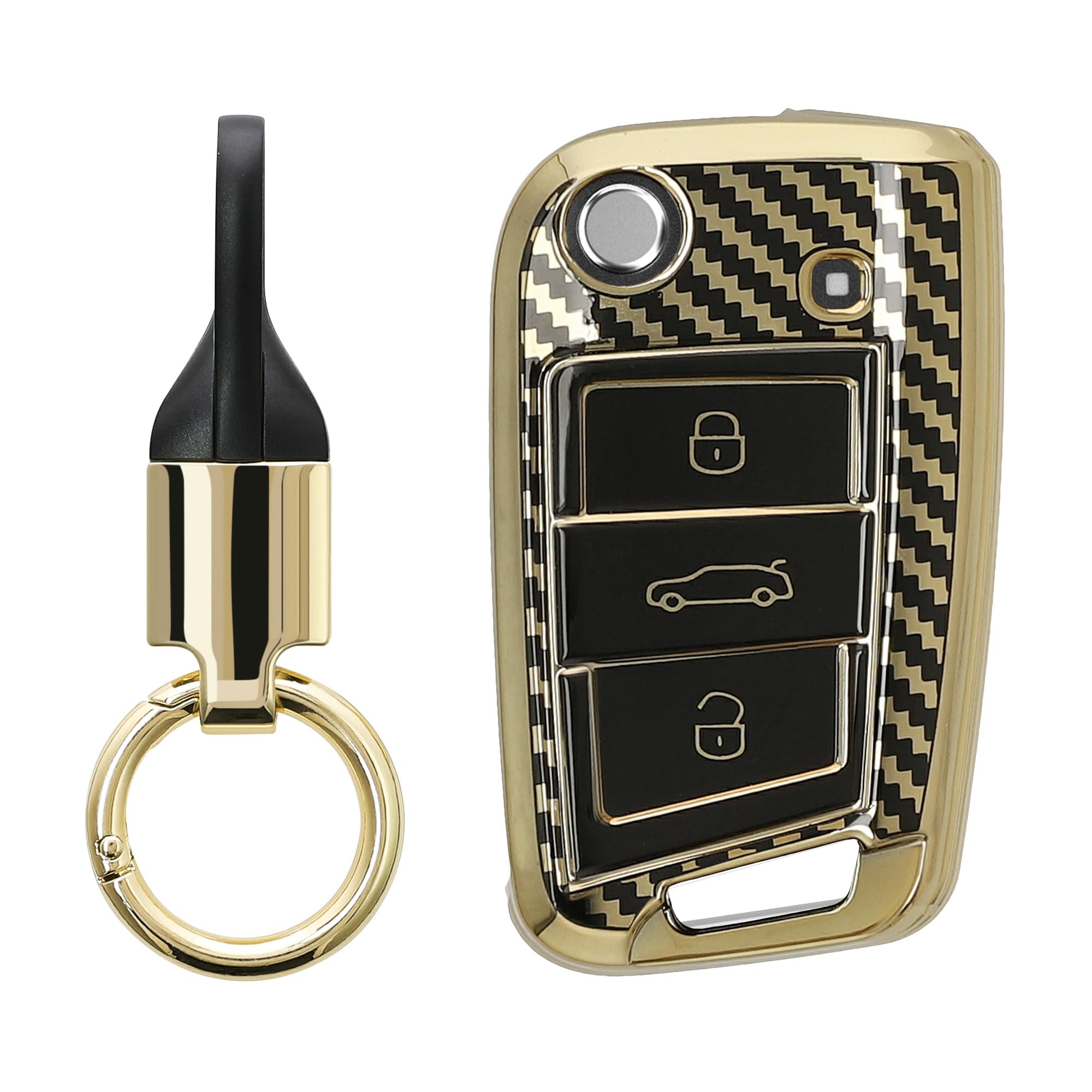 kwmobile Key Case Compatible with VW Golf 7 MK7 3 Button Car Key Key Fob Cover - Metallic Carbon Fiber Gold/Black