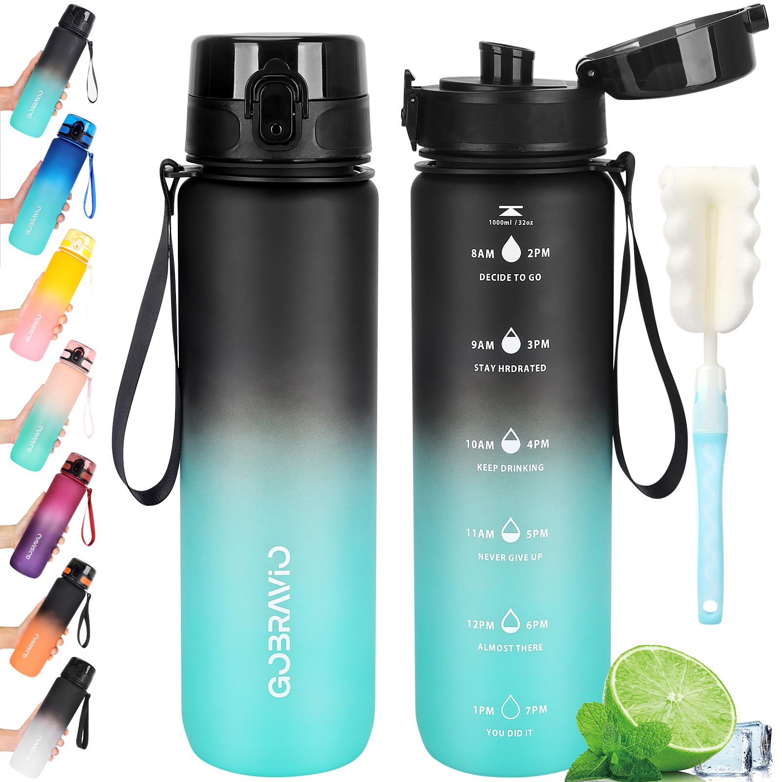 Gobravio Water Bottle 1L BPA Free Sports Drink Bottle Dishwasher Safe Canteen Bottle Leakproof Motivational Water Bottle with Time Markings