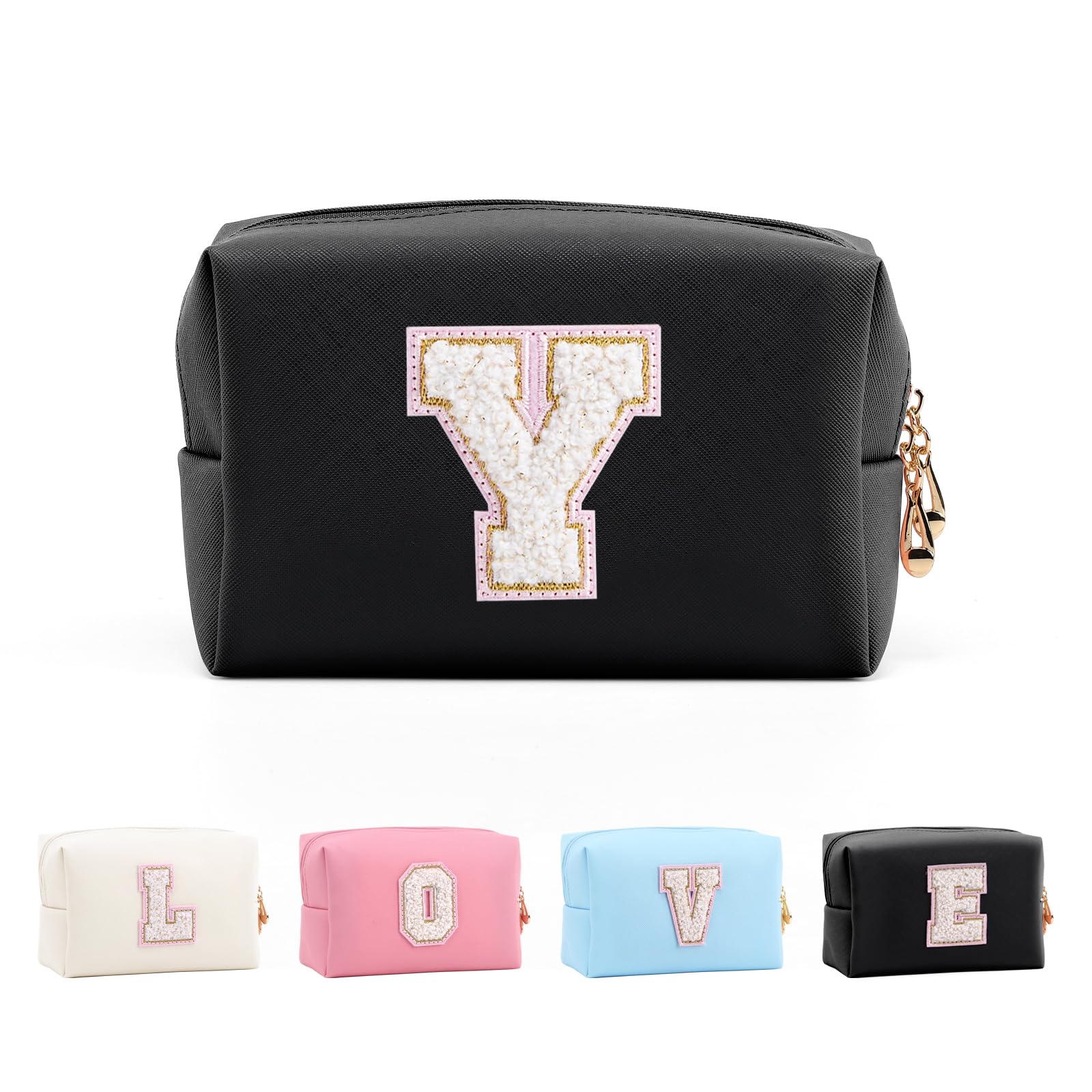 Anntry Small Personalized Initial Letter Makeup Bag, Cute Waterproof PU Leather Chenille Letter Cosmetic Bag Travel Makeup Bag, Preppy Makeup Pouch Toiletry Zipper Pouch Organizer for Women and Girls