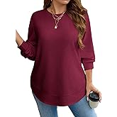 Eytino Womens Plus Size Tops Crewneck Long Sleeve Double Hem Waffle Knit Shirts Loose Casual Tunic Tops(1X-5X)