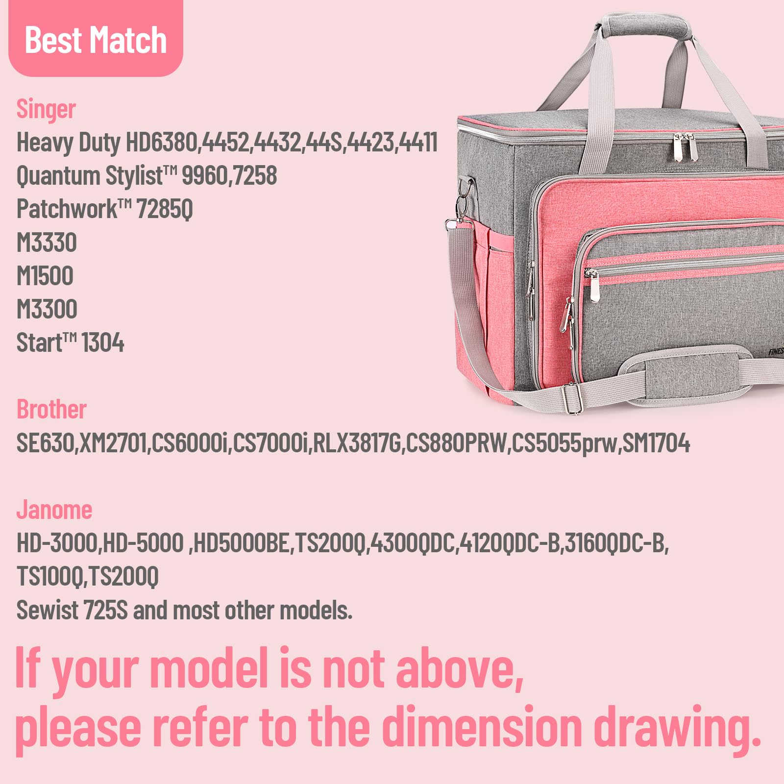 FINESUN Sewing Machine Carrying Case with Multiple Storage Pockets, Universal Tote Bag with Shoulder Strap Compatible with Most Standard Singer, Brother, Janome, Pink