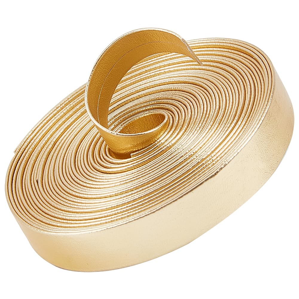 GORGECRAFT 5m x 12mm Metallic Flat Leather Strap Gold Shiny Pu Leather Strips Glossy Double Sided Imitation Leather Strips Beading String Threads Rope for Belt Necklace Bracelet Jewelry Making