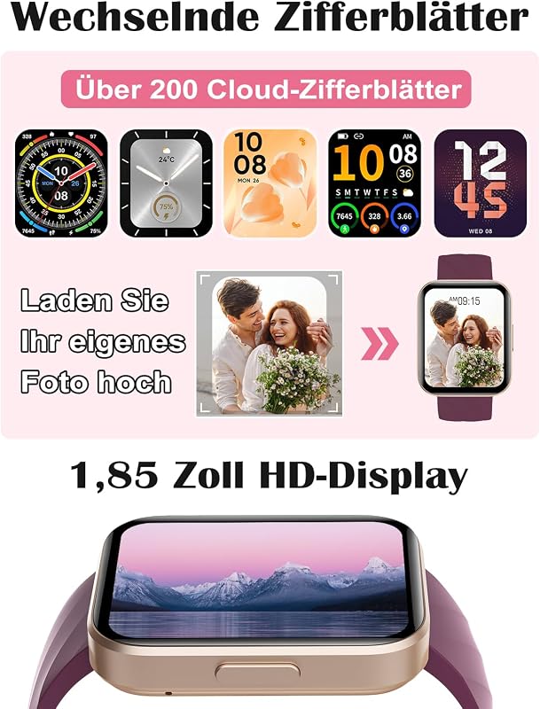 Smartwatch für Damen Herren Bluetooth-Anruffunktion 1.85" HD Fitnessuhr