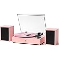 Vinyl Record Player with External Speakers, Wireless Bluetooth 3 Speed Vintage Record Player and Speakers Retro Turntable with Stereo Speakers, RCA-Out and AUX-in,Pink