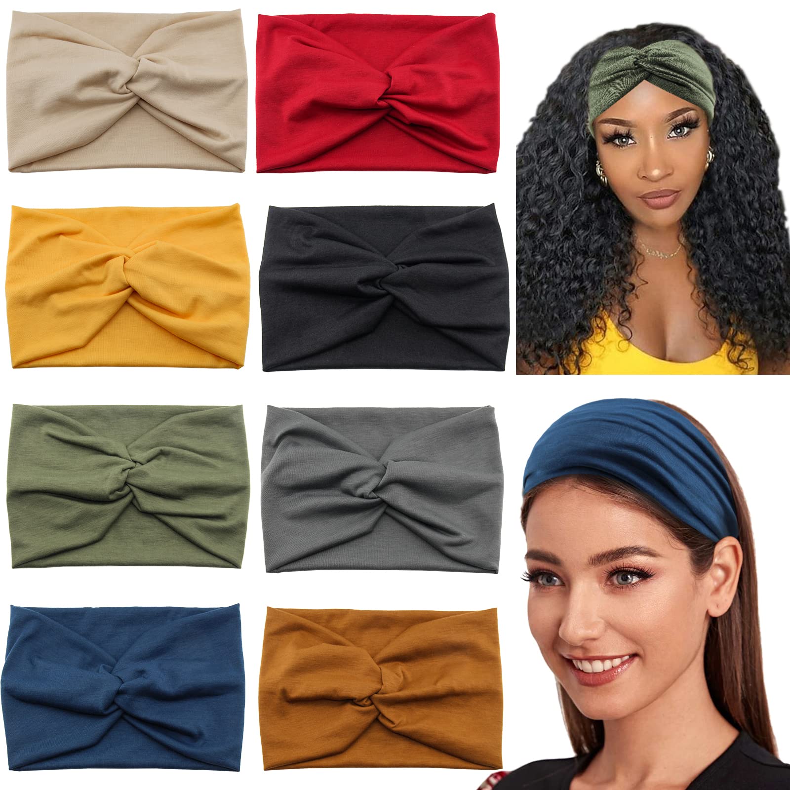 Photo 1 of Carede Wide Headbands for Women, Large Twist Headbands Boho Turban Headband Stretchy Head Wraps Yoga Head Bands For Women's Hair,Pack of 8