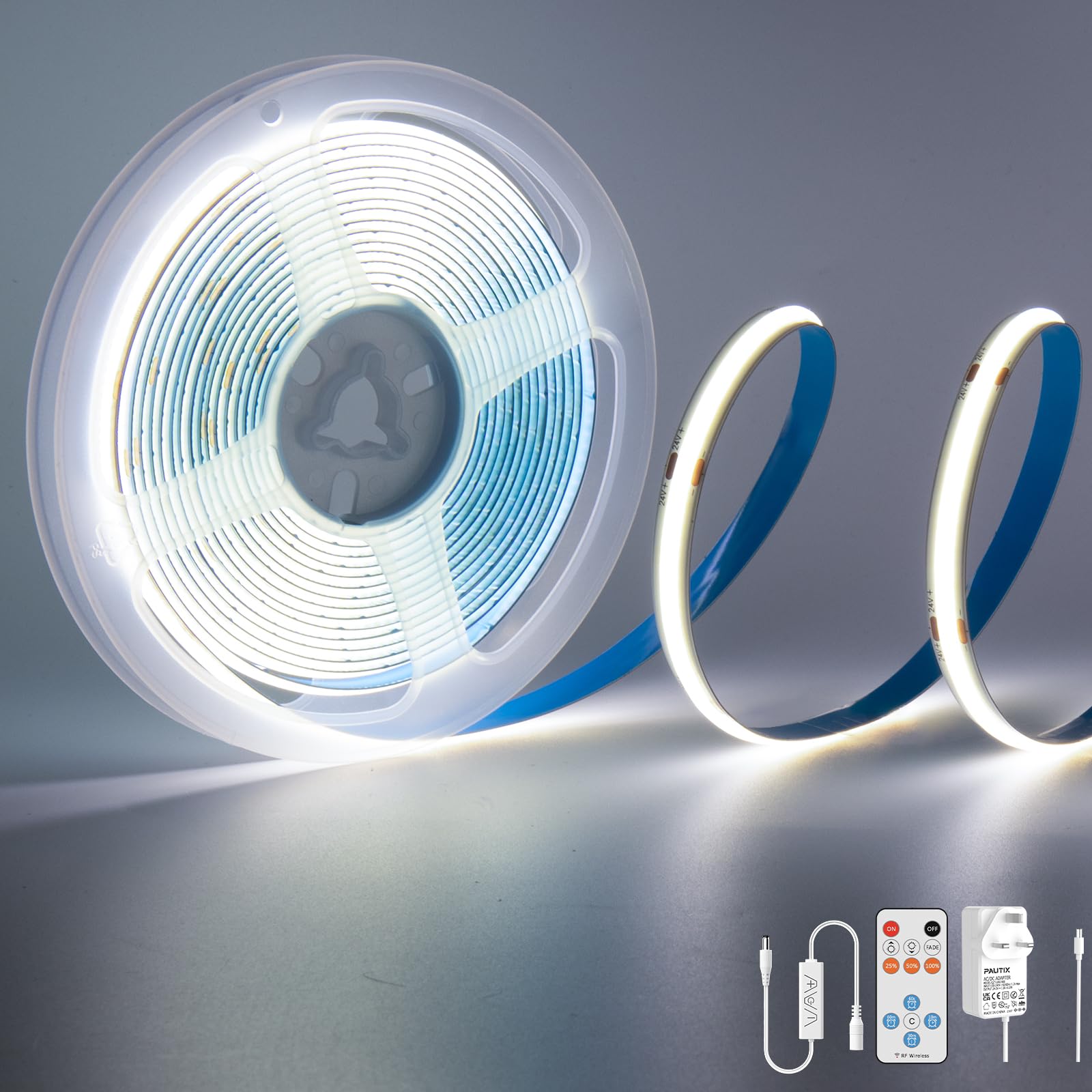 PAUTIX COB LED Strip Cool White 6000K 3M kit, 1440LEDs 24V CRI93 Dimmable Bright COB Light Strip Kit with 13 Keys RF Remote Dimmer & 24V Mains for Bedroom Kitchen Home DIY Projects — image 1