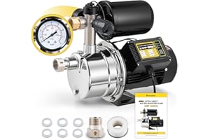 Moonshan 3/4 HP Water Pressure Booster Pump for Home 1050GPH Shallow Well Jet Pump with Pressure Tank Auto ON/OFF Stainless Steel Self-Priming System Pressure Switch for Whole House, Garden, Lawn
