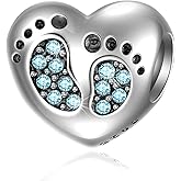 Footprint Heart Charm with October Birthstone for Pandora Mother Day Bracelets - 925 Sterling Silver Mom Love Daughter Pink Feet Beads