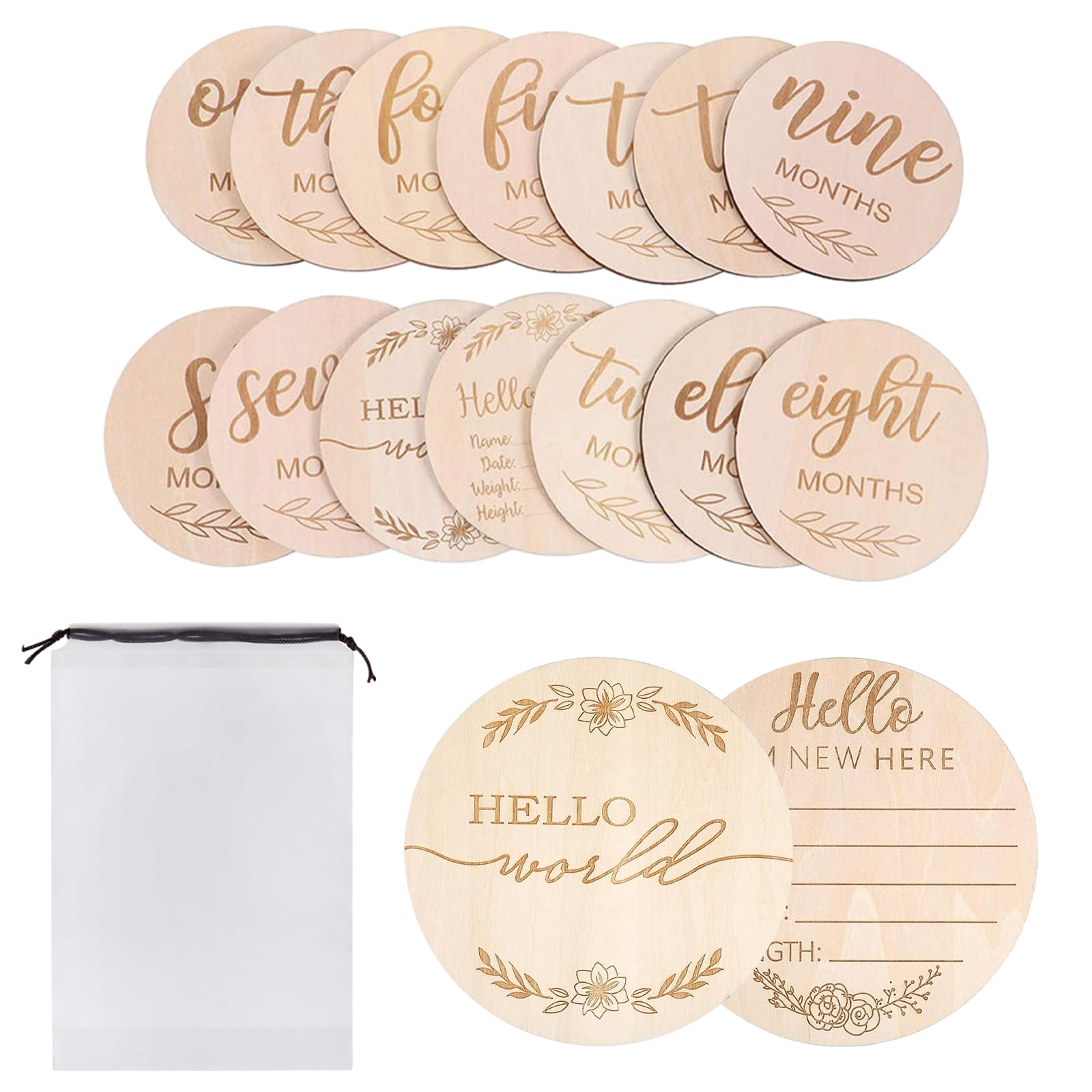 14 Pcs Wooden Baby Announcement Sign Set, 5.83Inch Round Hello World Baby Sign for Photo Prop Hospital New Parents, Hello World Plaque with 3.9Inch Baby Monthly Milestone Cards, Gift for Baby Shower