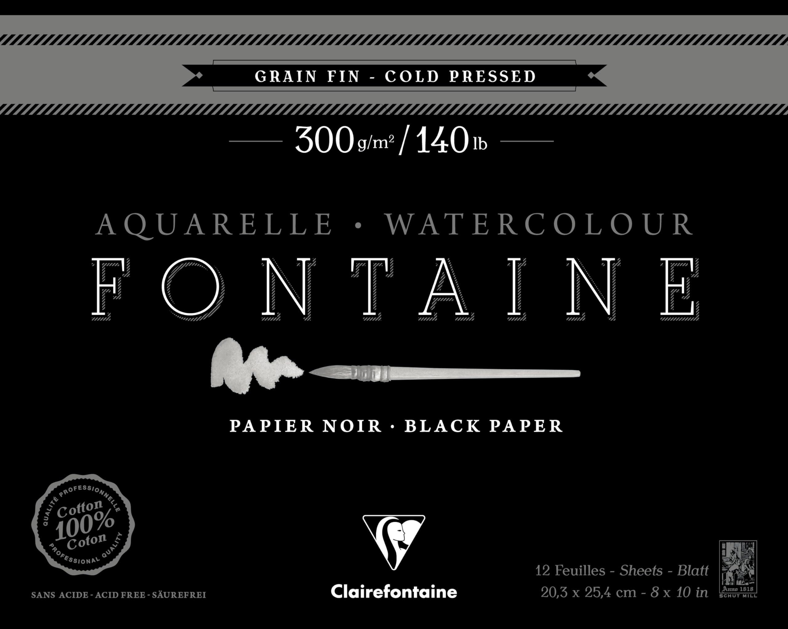 Clairefontaine - Ref 975307C - Fontaine Cold Pressed Black Watercolour Pad (12 Sheets) - 20.3 x 25.4cm Size, 300gsm Paper - Suitable for Watercolour Artwork